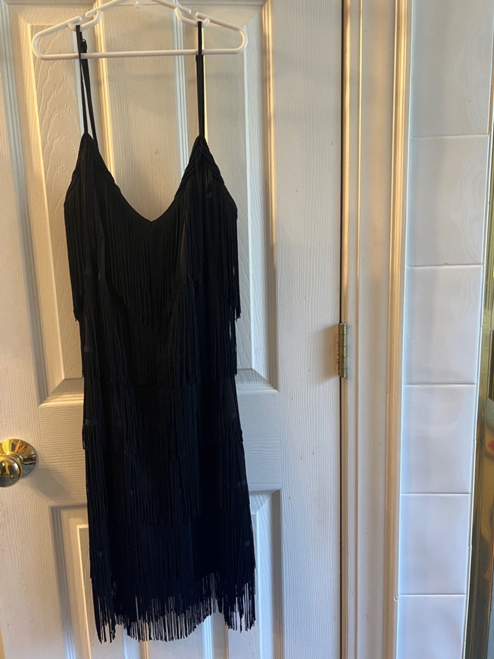 Windsor Black Fringe Slip Mini Dress with Spaghetti Straps